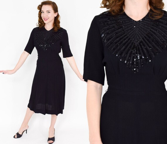 1940s Black Silk Crepe Dress | 40s Black & Sequin