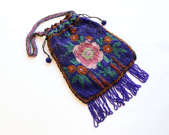 1900s Blue Floral Beaded Evening Bag | Blue & Pin… - image 3