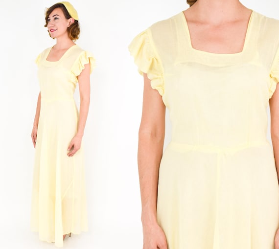 1940s Yellow Cotton Party Dress | 40s Yellow Shee… - image 2