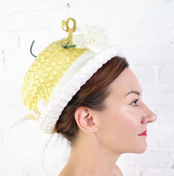Vintage 1960s Mod Straw Woven Hat Vintage Straw Bow Women Bowler Hat, 1950s-60s Hat, Breton  main image 4