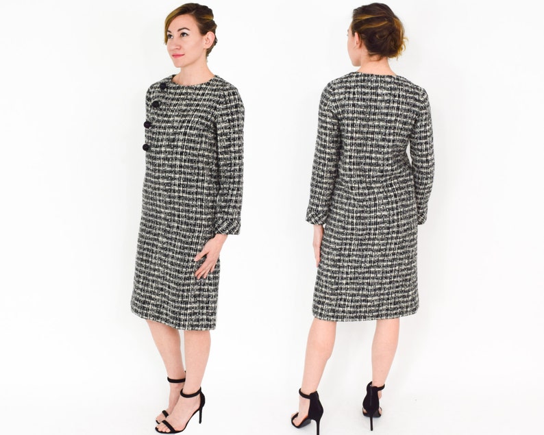 1960s Black /& White Wool Plaid Dress Medium 60s Gray Plaid Wool Dress with Scarf
