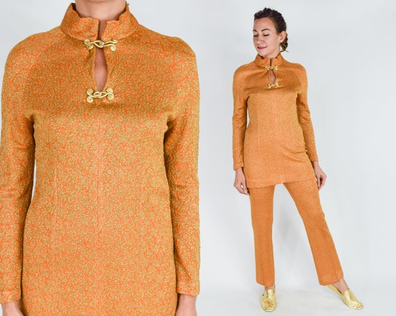 1970s Orange & Gold Pantsuit Set | 70s Orange Kni