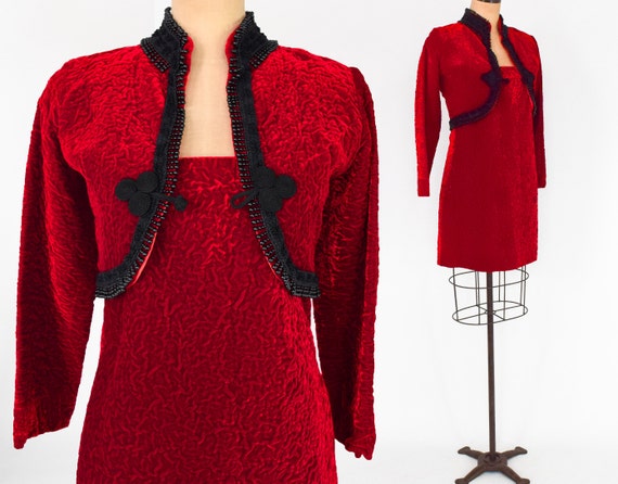 1960s Red Velvet Dress & Jacket | 60s Red Velvet M
