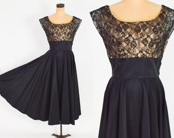 1940s Black Sleeveless Lace Dress | 40s Black Illusion Top Evening Dress | Old Hollywood | Medium