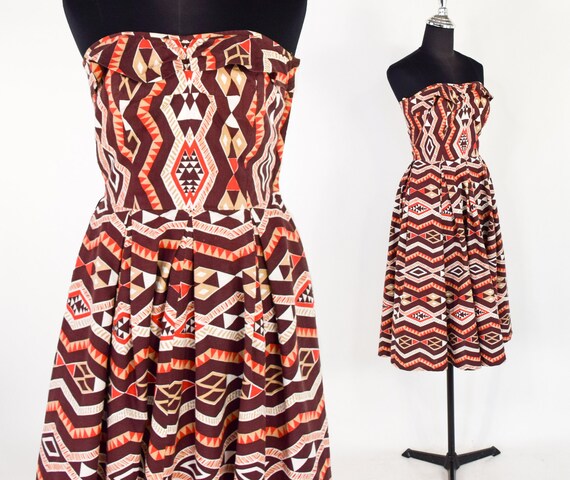 1940s Brown Tiki Print Strapless Dress 