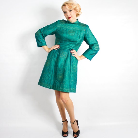 1960s Emerald Green Shift Dress | 60s Green Quilt… - image 5