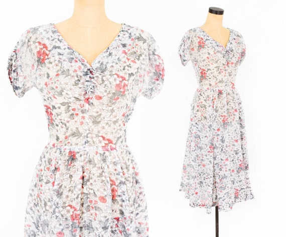 1950s White Floral Dress | 50s White Sheer Nylon F