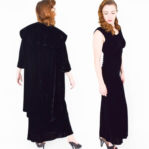 1940s Black Silk Velvet Gown & Coat 40s Black Silk Velvet Bias Cut Dress Coat Set Old Hollywood California Small image 2