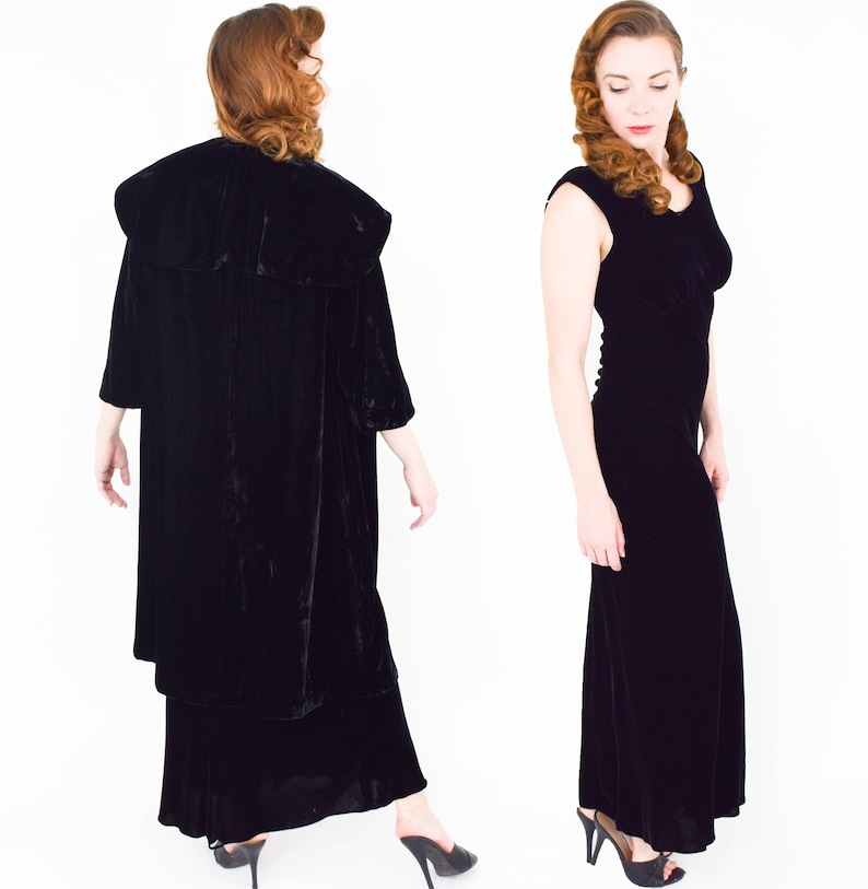 1940s Black Silk Velvet Gown & Coat 40s Black Silk Velvet Bias Cut Dress Coat Set Old Hollywood California Small image 2