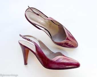 1980s Maroon Leather Slingback Heels | Red & Pink Shoes, US 6.5