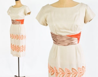 1950s Beige Floral Embroidered Dress | 50s Beige & Orange Sheath Dress | Small
