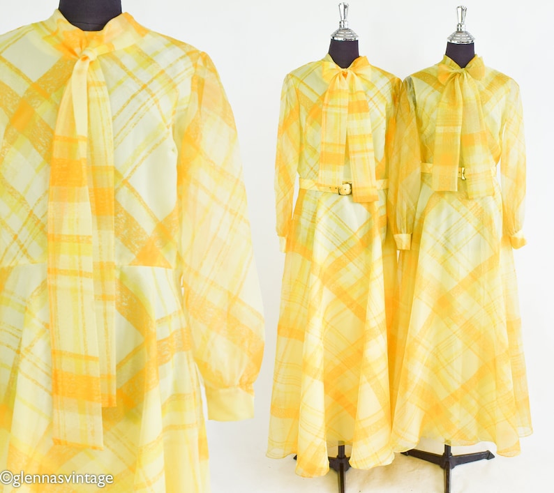 1970s Yellow Plaid Maxi Dress 70s Yellow Evening Dress Yellow Bridesmaid Dress Avalon Classics Size 10 & 16 image 2