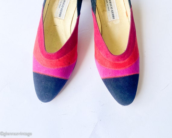 1980s Red Suede Colorful Pumps | 80s Hot Pink & R… - image 5