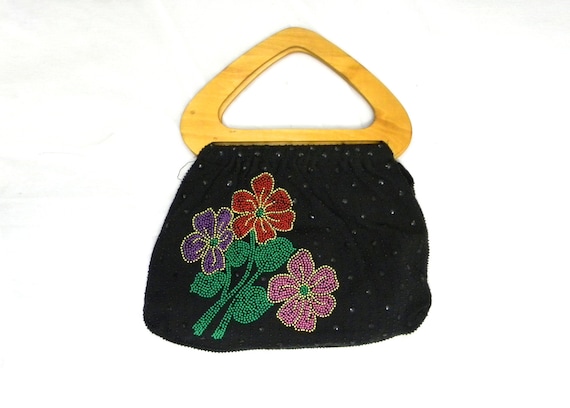 1970s Black Beaded Purse | 70s Black Floral Handb… - image 1