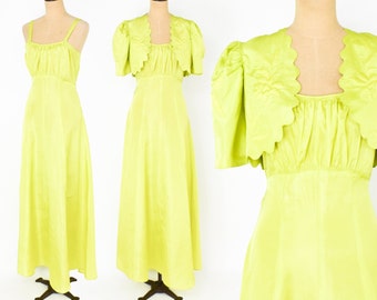 1930s Yellow Evening Dress Set | 30s Chartreuse Dress & Bolero | Trapunto Jacket | Small