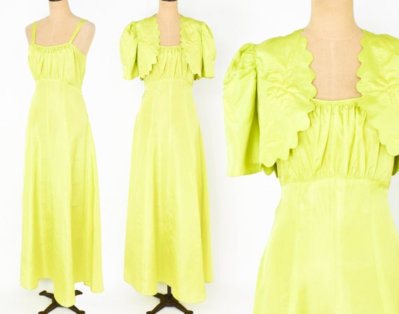1930s Yellow Evening Dress Set | 30s Chartreuse Dr