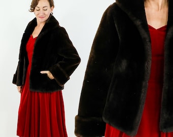 1940s Mouton Fur Jacket | Vintage Brown Cropped Coat, Large