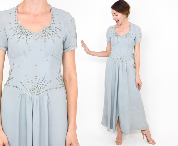 1940s Blue Evening Dress | 40s Blue Crepe Sequin D