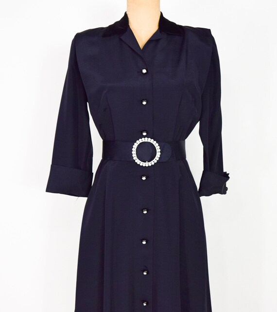 1950s Black Faille Dress | 50s Black Velvet & Fai… - image 2