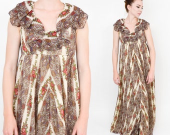 1970s Brown Floral Maxi Dress | 70s Brown Cotton Print Peasant Dress | BoHo | Denise L. | Medium