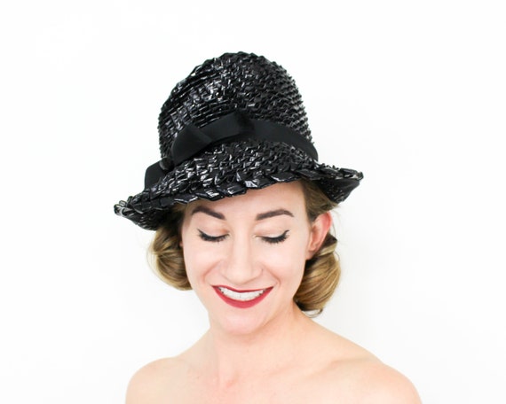 Mr John | 1960s Black Raffia Hat | 60s Black Asym… - image 4