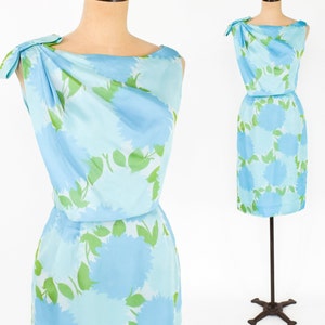 1950s Turquoise Blue Floral Party Dress 50s Blue Silk Chiffon Cocktail Dress Medium image 1