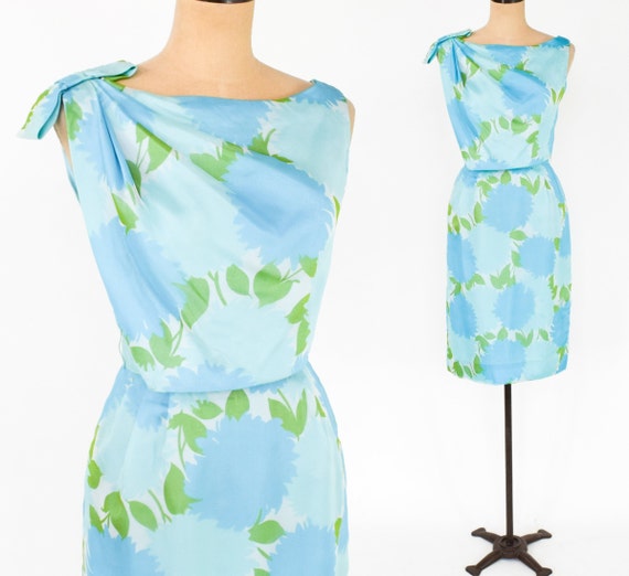 1950s Turquoise Blue Floral Party Dress | 50s Blu… - image 1