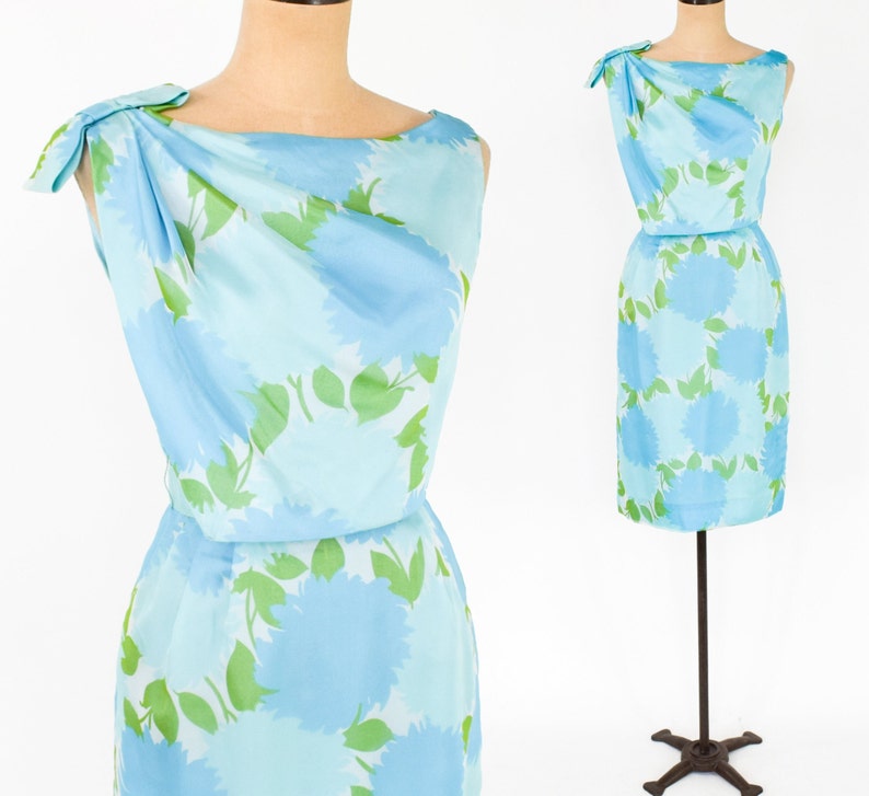 1950s Turquoise Blue Floral Party Dress 50s Blue Silk Chiffon Cocktail Dress Medium image 1