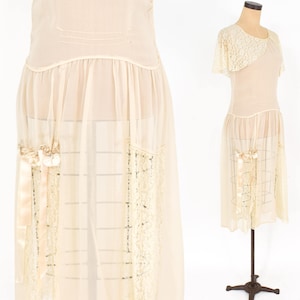 1920s Ivory Silk Chiffon Dress 20s Ivory Chiffon & Lace Dress Wedding Small image 2