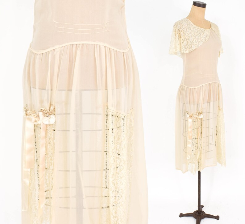 1920s Ivory Silk Chiffon Dress 20s Ivory Chiffon & Lace Dress Wedding Small image 2