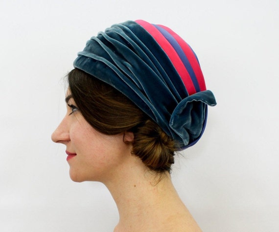 1950s Blue Velvet Turban | 50s Royal Blue & Magen