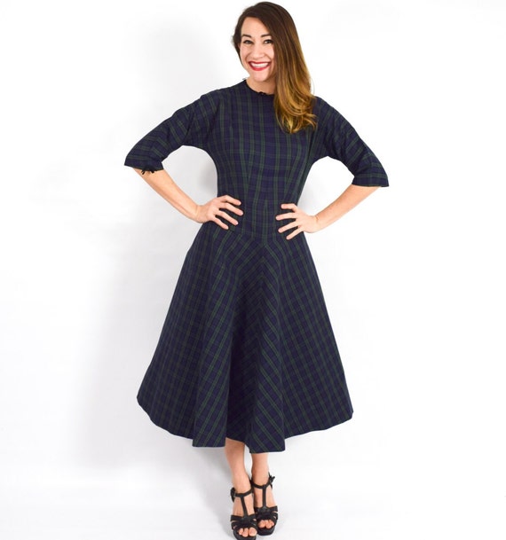 1950s Navy Plaid Cotton Dress | 50s Navy Blue Pla… - image 4