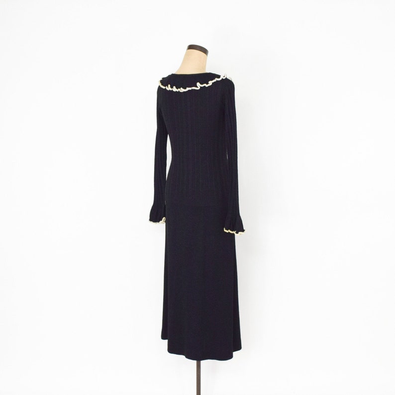 1970s Black Maxi Sweater Skirt Set Medium Marbella Knits 70s Black Knit Sweater Skirt Set