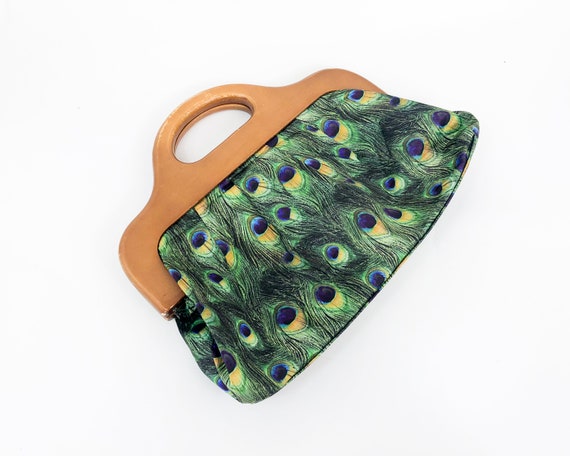 1980s Peacock Print Purse | 80s Peacock Feather F… - image 1