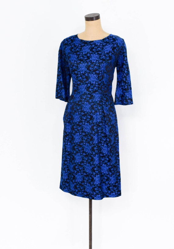 1950s Blue Brocade Dress | 50s Royal Blue Brocade… - image 3