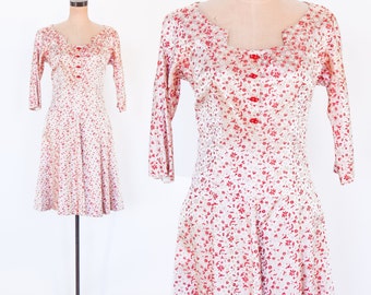 1940s Red Floral Brocade Party Dress | Vintage Red Print Dress, Medium