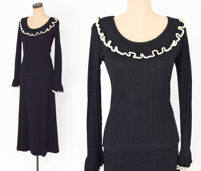 1970s Black Maxi Sweater Skirt Set Medium Marbella Knits 70s Black Knit Sweater Skirt Set