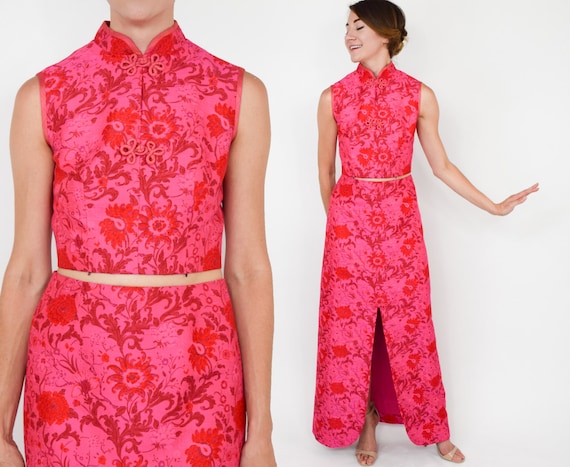 1970s Pink Silk Maxi Set | 70s Pink Sleeveless Pri