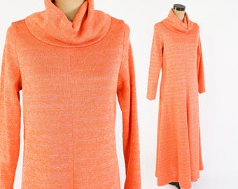 1970s Orange Metallic Knit Maxi Dress | Vintage Long Sleeve Knit Gown, Large