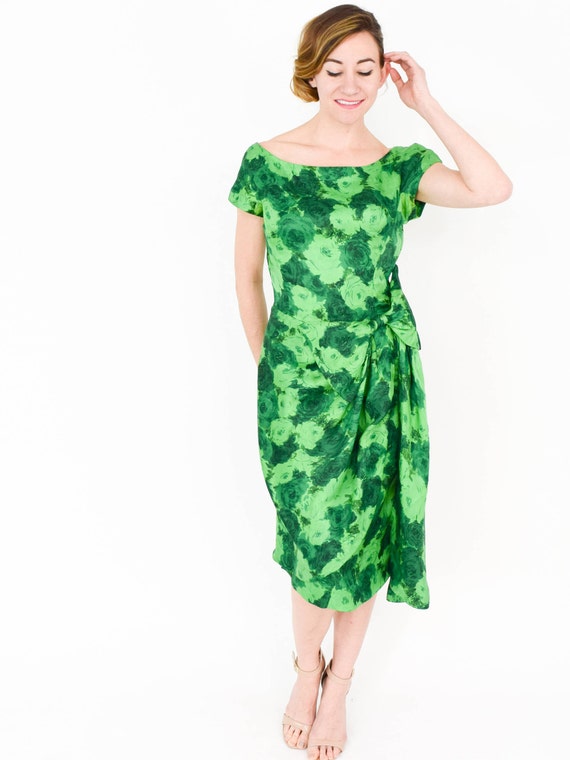 1950s Green Silk Floral Party Dress | Carlye Dres… - image 7