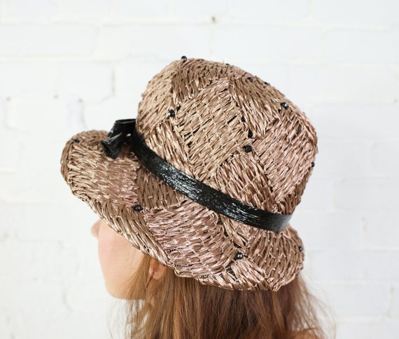 1960s Mr. John Brown Raffia Hat | Vintage Woven High Crown  display picture 3