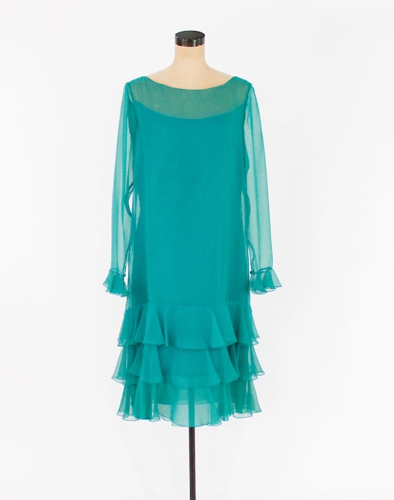 1970s Turquoise Blue Chiffon Evening Dress | 70s … - image 2