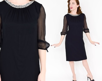 1960s Black Crepe Party Dress | 60s Black Crepe Chiffon Cocktail Dress | Leslie Fay Original | Small