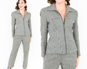 Lilli Ann | 1970s Houndstooth Wool Pantsuit | 1970s Black & White Wool Check Pantsuit | Lilli Ann | Small