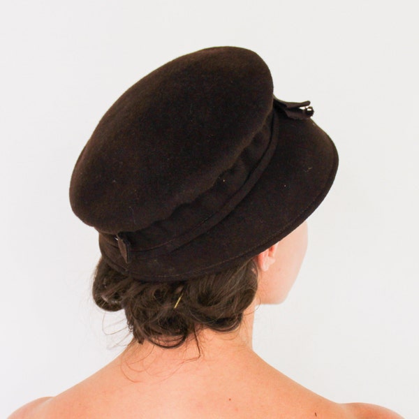 1950s Brown Bow Hat | 50s Brown Wool Felt Hat | Henry Pollak