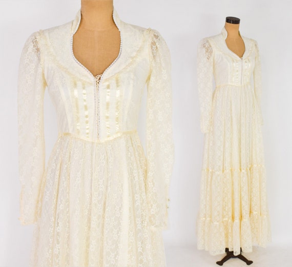 1970s Ivory Lace Maxi Dress | 70s Creme Lace Peasa