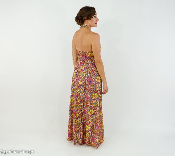 1970s Flowered Metallic Halter Maxi Dress Jacket … - image 9