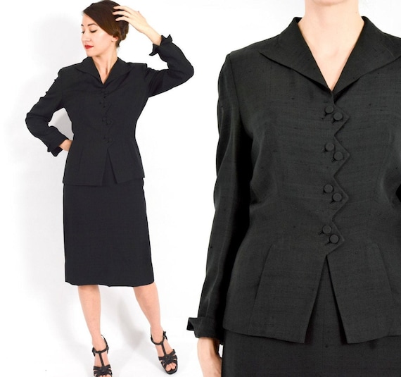 【人気沸騰】 1950s Black Rayon Suit | 50s Black Jacket & Pencil Skirt トップス