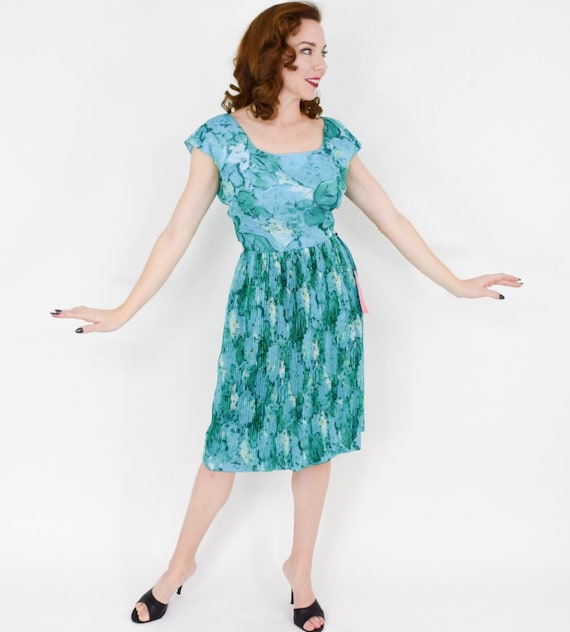 1950s Blue Silk Chiffon Floral Dress | 50s Turquo… - image 4