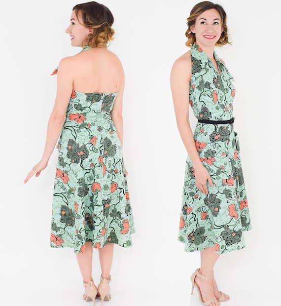 1950s Green Cotton Print Halter Dress | 50s Mint … - image 2